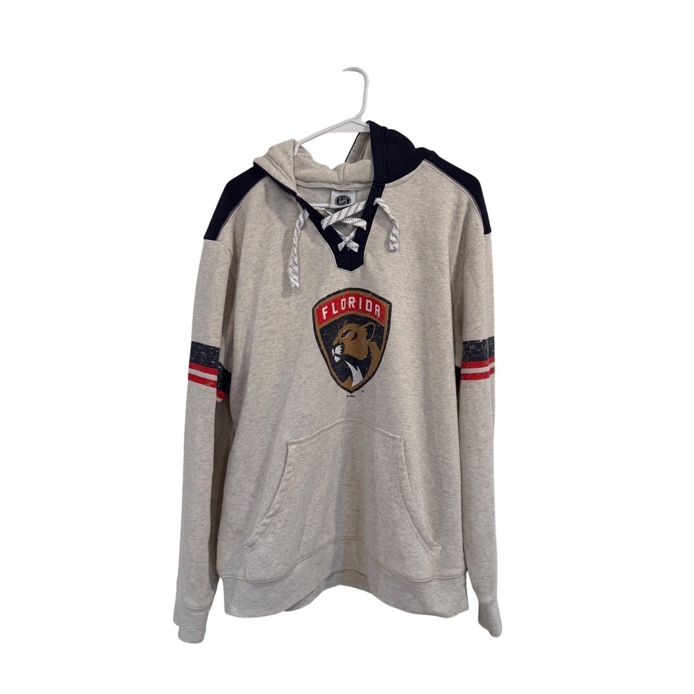 Florida Panthers NHL Lace Up Hoodie Sweatshirt Oatmeal Navy Red Womens Large